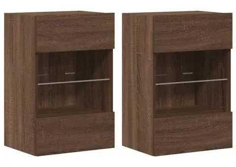 Comode de perete cu lumini LED pentru TV, 2 buc. stejar maro, 40x30x60,5cm - 2/5