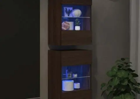 Comode de perete cu lumini LED pentru TV, 2 buc. stejar maro, 40x30x60,5cm - 3/5
