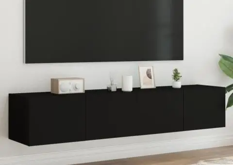 Comode TV de perete cu lumini LED, 2 buc., negru, 80x35x31 cm - 1/5