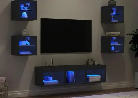 Unități de perete TV cu LED-uri, 7 piese, negru, lemn prelucrat - 1/5