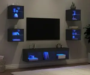 vidaXL Unități de perete TV cu LED-uri, 7 piese, negru, lemn prelucrat
