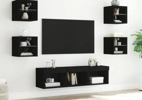 Unități de perete TV cu LED-uri, 7 piese, negru, lemn prelucrat - 3/5