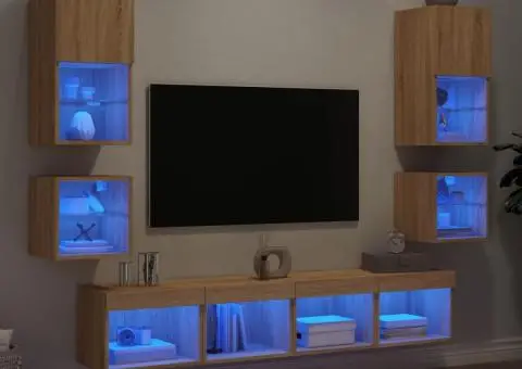 Unități de perete TV cu LED-uri, 8 piese, stejar sonoma, lemn - 1/5