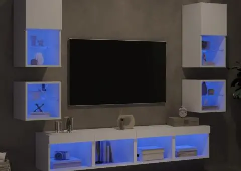Unități de perete TV cu LED-uri, 8 piese, alb, lemn prelucrat - 1/5