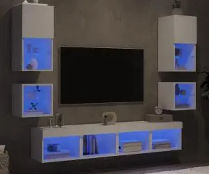 vidaXL Unități de perete TV cu LED-uri, 8 piese, alb, lemn prelucrat