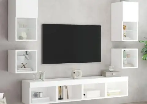 Unități de perete TV cu LED-uri, 8 piese, alb, lemn prelucrat - 3/5