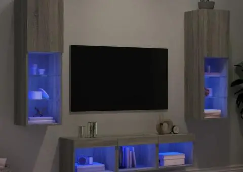 Unități de perete TV cu LED-uri, 5 piese, gri sonoma, lemn - 1/5