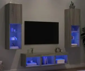 vidaXL Unități de perete TV cu LED-uri, 5 piese, gri sonoma, lemn
