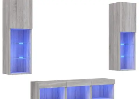 Unități de perete TV cu LED-uri, 5 piese, gri sonoma, lemn - 2/5