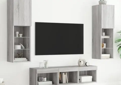 Unități de perete TV cu LED-uri, 5 piese, gri sonoma, lemn - 3/5