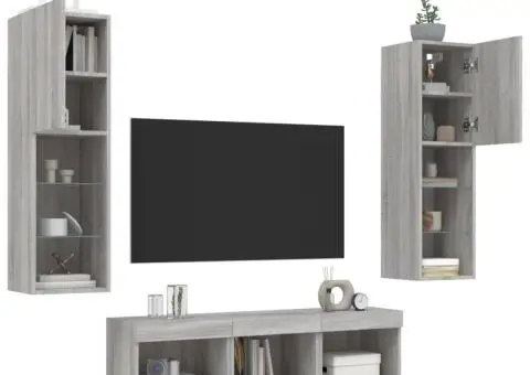 Unități de perete TV cu LED-uri, 5 piese, gri sonoma, lemn - 4/5