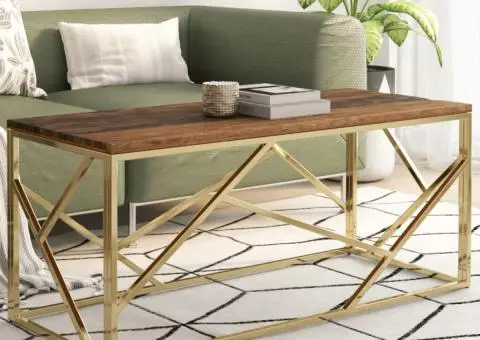 Măsuță de cafea, oțel inoxidabil auriu și traverse lemn masiv - 1/5