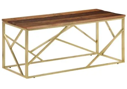 Măsuță de cafea, oțel inoxidabil auriu și traverse lemn masiv - 2/5