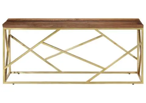 Măsuță de cafea, oțel inoxidabil auriu și traverse lemn masiv - 3/5