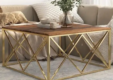 Măsuță de cafea, oțel inoxidabil auriu și traverse lemn masiv - 1/5