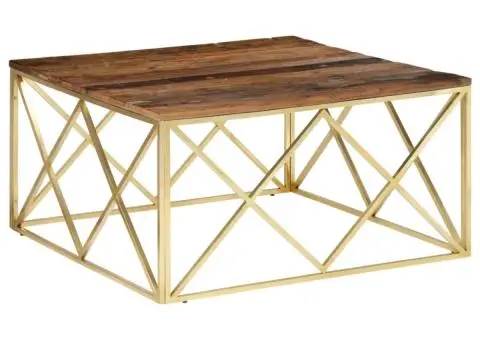 Măsuță de cafea, oțel inoxidabil auriu și traverse lemn masiv - 2/5