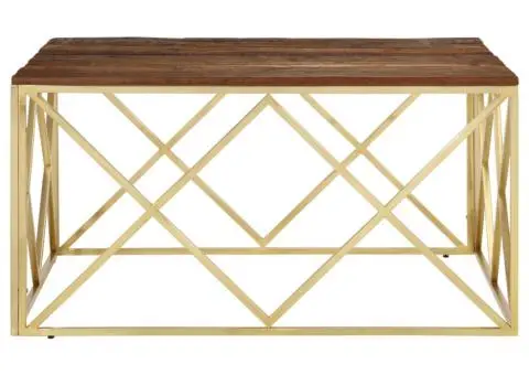 Măsuță de cafea, oțel inoxidabil auriu și traverse lemn masiv - 3/5