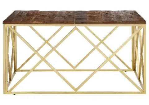 Măsuță de cafea, oțel inoxidabil auriu și traverse lemn masiv - 4/5