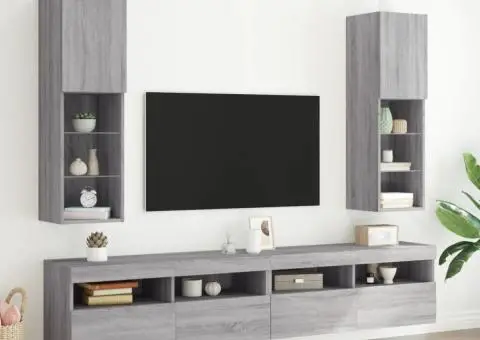 Comode TV cu lumini LED, 2 buc., gri sonoma, 30,5x30x102 cm - 1/5