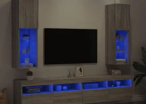 Comode TV cu lumini LED, 2 buc., gri sonoma, 30,5x30x102 cm - 4/5