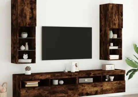 Comode TV cu lumini LED, 2 buc., stejar fumuriu, 30,5x30x102 cm - 1/5