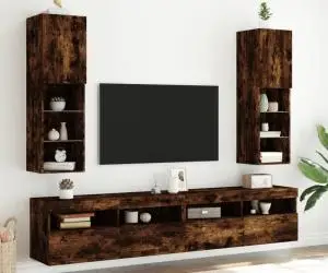 vidaXL Comode TV cu lumini LED, 2 buc., stejar fumuriu, 30,5x30x102 cm