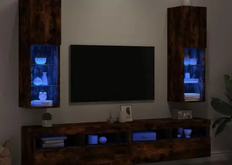 Comode TV cu lumini LED, 2 buc., stejar fumuriu, 30,5x30x102 cm - 4/5