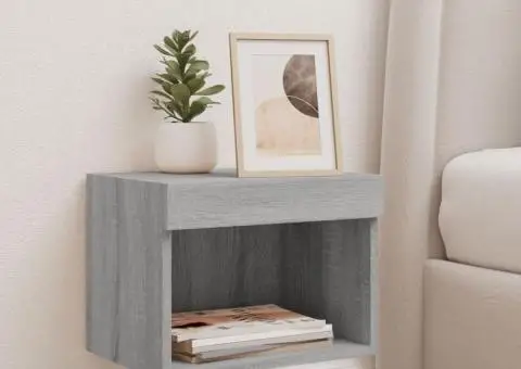 Noptiere cu lumini LED montate pe perete, 2 buc.,stejar fumuriu - 3/5