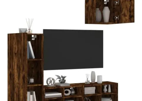 Unități TV de perete cu LED-uri, 4 piese, stejar fumuriu, lemn - 1/5