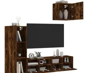 vidaXL Unități TV de perete cu LED-uri, 4 piese, stejar fumuriu, lemn