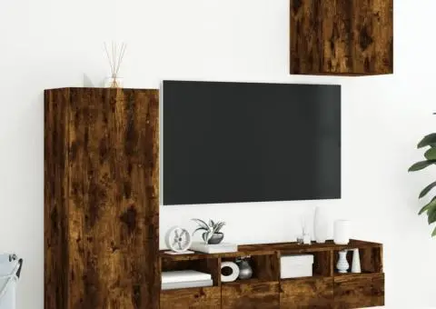Unități TV de perete cu LED-uri, 4 piese, stejar fumuriu, lemn - 3/5