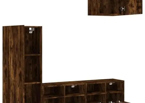 Unități TV de perete cu LED-uri, 4 piese, stejar fumuriu, lemn - 4/5