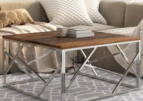 Măsuță de cafea oțel inoxidabil argintiu și traverse lemn masiv - 1/5