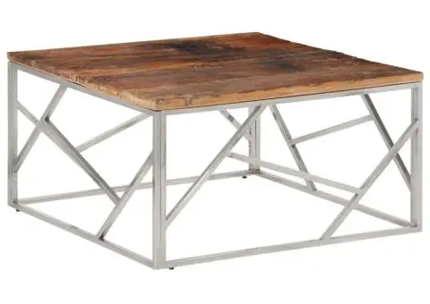 Măsuță de cafea oțel inoxidabil argintiu și traverse lemn masiv - 2/5