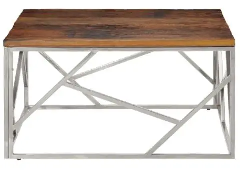 Măsuță de cafea oțel inoxidabil argintiu și traverse lemn masiv - 3/5