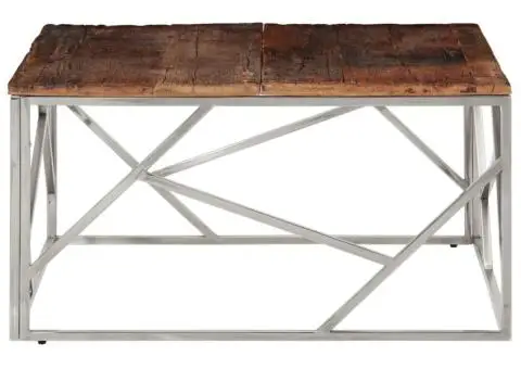 Măsuță de cafea oțel inoxidabil argintiu și traverse lemn masiv - 4/5