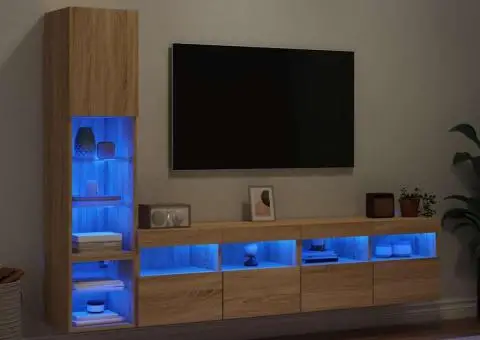 Unități de perete TV cu LED-uri, 4 piese, stejar sonoma, lemn - 1/5