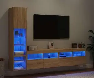 vidaXL Unități de perete TV cu LED-uri, 4 piese, stejar sonoma, lemn