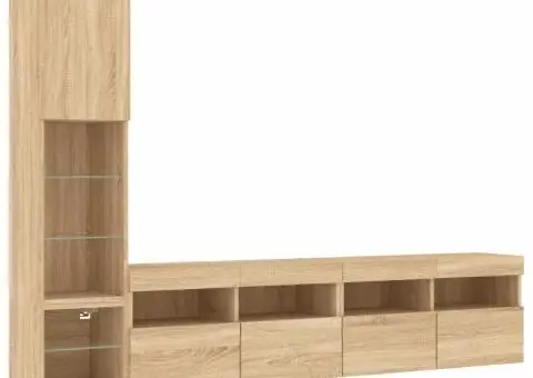 Unități de perete TV cu LED-uri, 4 piese, stejar sonoma, lemn - 3/5