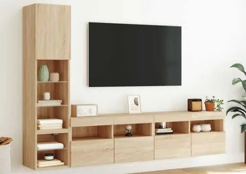 Unități de perete TV cu LED-uri, 4 piese, stejar sonoma, lemn - 4/5