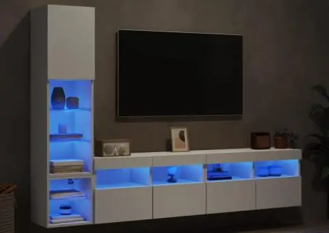 Unități de perete TV cu LED-uri, 4 piese, alb, lemn prelucrat - 1/5