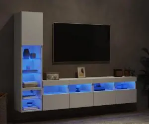 vidaXL Unități de perete TV cu LED-uri, 4 piese, alb, lemn prelucrat