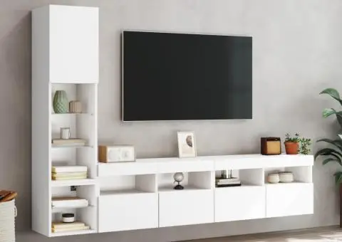 Unități de perete TV cu LED-uri, 4 piese, alb, lemn prelucrat - 4/5
