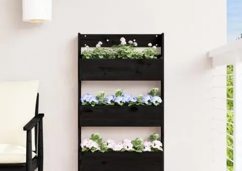 Jardinieră de perete cu 3 niveluri negru 60x18,5x110cm lemn pin - 3/5