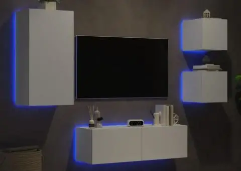 Comode TV de perete cu lumini LED, 4 piese, alb - 1/5