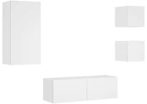 Comode TV de perete cu lumini LED, 4 piese, alb - 3/5