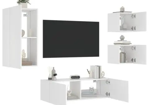 Comode TV de perete cu lumini LED, 4 piese, alb - 4/5