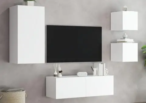 Comode TV de perete cu lumini LED, 4 piese, alb - 5/5