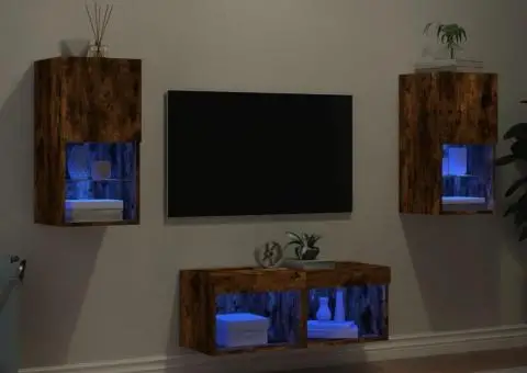 Comode TV de perete cu lumini LED, 4 piese, stejar fumuriu - 1/5