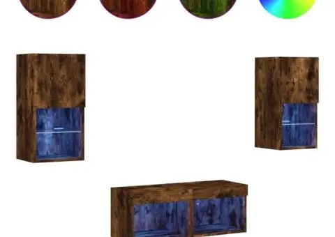 Comode TV de perete cu lumini LED, 4 piese, stejar fumuriu - 2/5